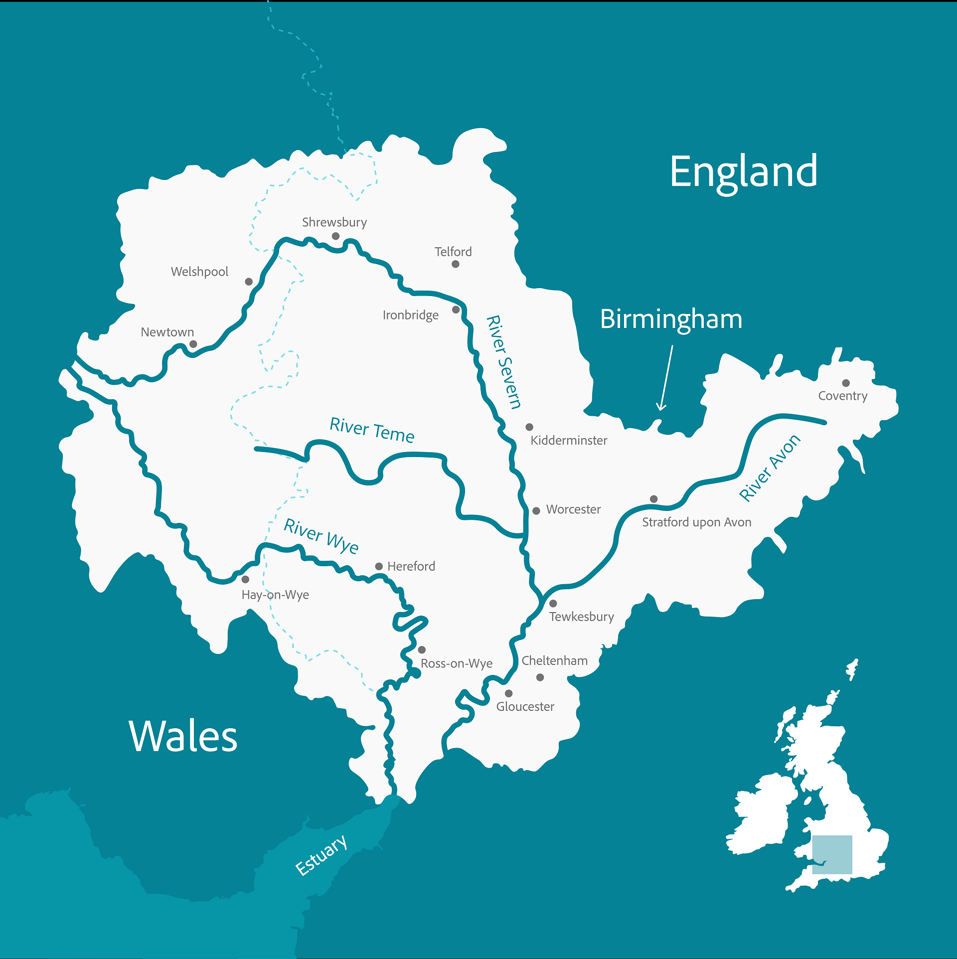 Map of the Severn and surrounding rivers
